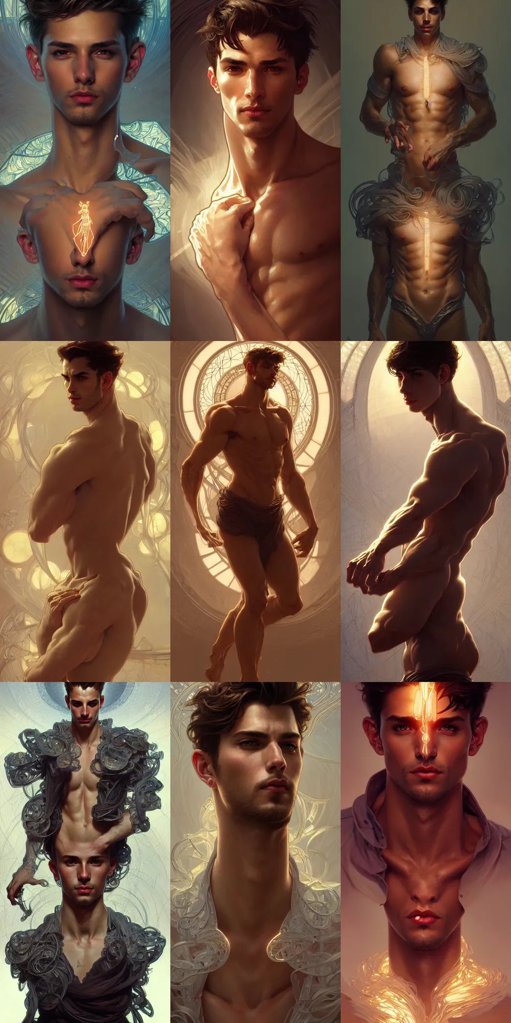 Prompt: clear portrait of a lonely attractive men, hyper detailed, character concept, full body, dynamic pose, glowing lights!! intricate, elegant, highly detailed, digital painting, artstation, concept art, smooth, sharp focus, illustration, art by artgerm and greg rutkowski and alphonse mucha