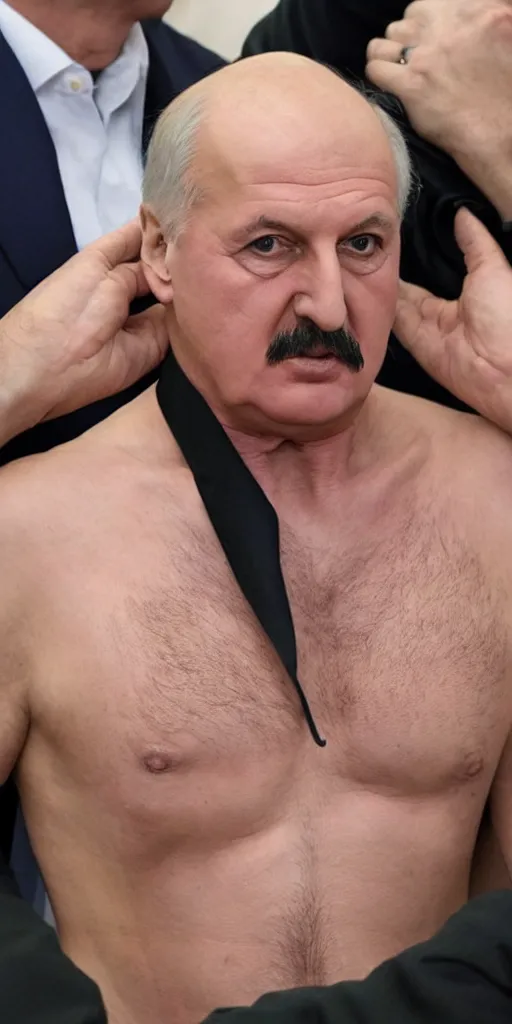 Image similar to alexander lukashenko with torso covered with criminal tattoo high quality face