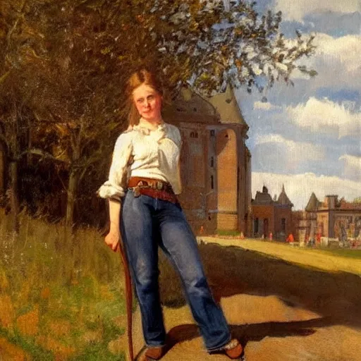 Image similar to painting by zorn, cow wearing!!! clothes!!! jeans!!! standing next to royal castle!!