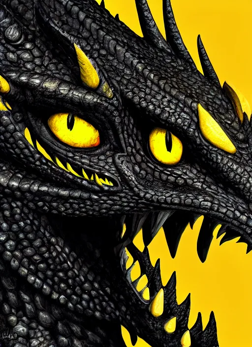 Image similar to closeup portrait of black dragon head with yellow eyes, ultra realistic, fantasy, magic, dnd,