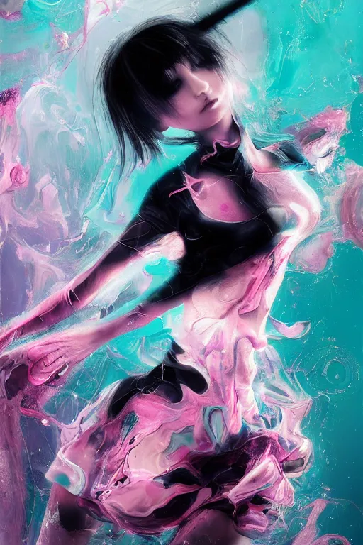 Prompt: epic 3 d abstract emo girl, spinning hands and feet, 2 0 mm, with black and pastel pink peanut butter melting smoothly into asymmetrical bubbles, liquid, tension, delicate, subtitles, beautiful, intricate, houdini sidefx, trending on artstation, by jeremy mann, ilya kuvshinov, jamie hewlett and ayami kojima