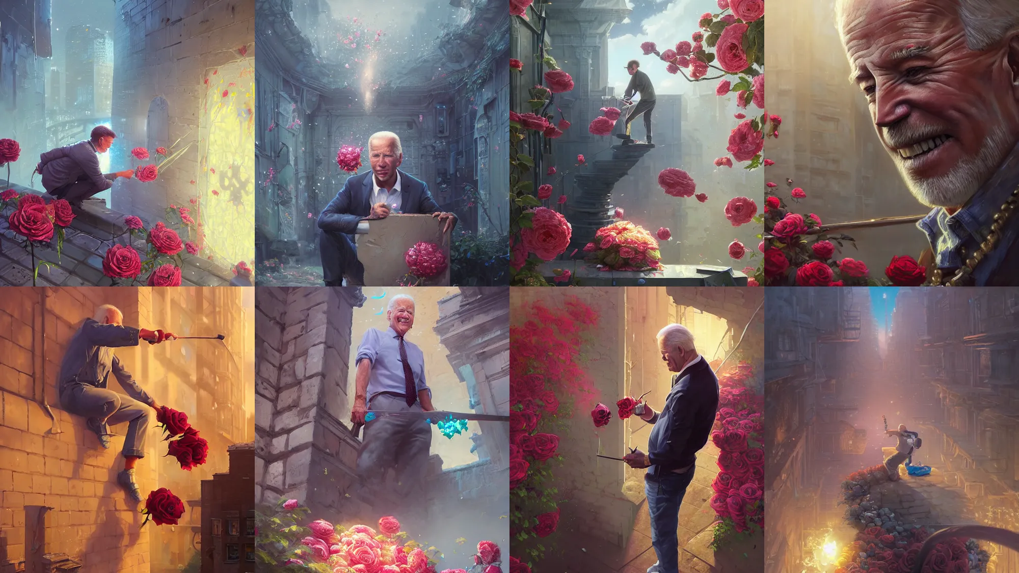 Prompt: highly detailed portrait of joe biden making graffiti of roses, stephen bliss, unreal engine, fantasy art by greg rutkowski, loish, rhads, ferdinand knab, makoto shinkai and lois van baarle, ilya kuvshinov, rossdraws, tom bagshaw, global illumination, radiant light, detailed and intricate environment