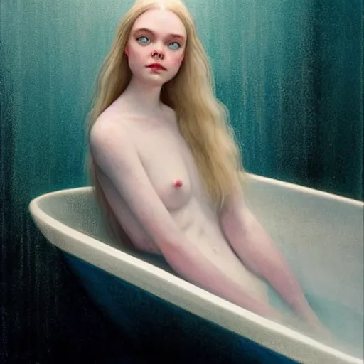 Prompt: Elle Fanning in a white porcelain bathtub with teal water in the style of Paola Vetri, head and shoulders portrait, stormy weather, extremely detailed masterpiece, oil on canvas, low-key neon lighting, artstation, Blade Runner 2049, Roger Deakin’s cinematography, by J. C. Leyendecker and Peter Paul Rubens and Edward Hopper and Michael Sowa,