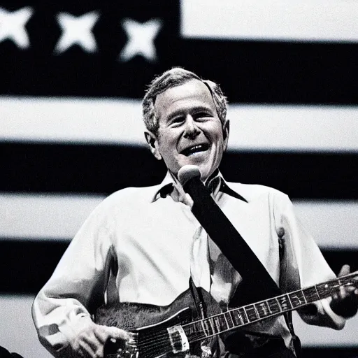 Prompt: george bush as a rockstar performing at his concert, award winning concert photography