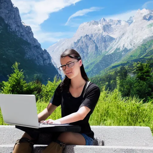 Prompt: female software developer sitting in front of a modern campus building and working on a laptop outside with mountains in the background in summer, alps, 4k, digital art, highly detailed, artstation, 8k, painting