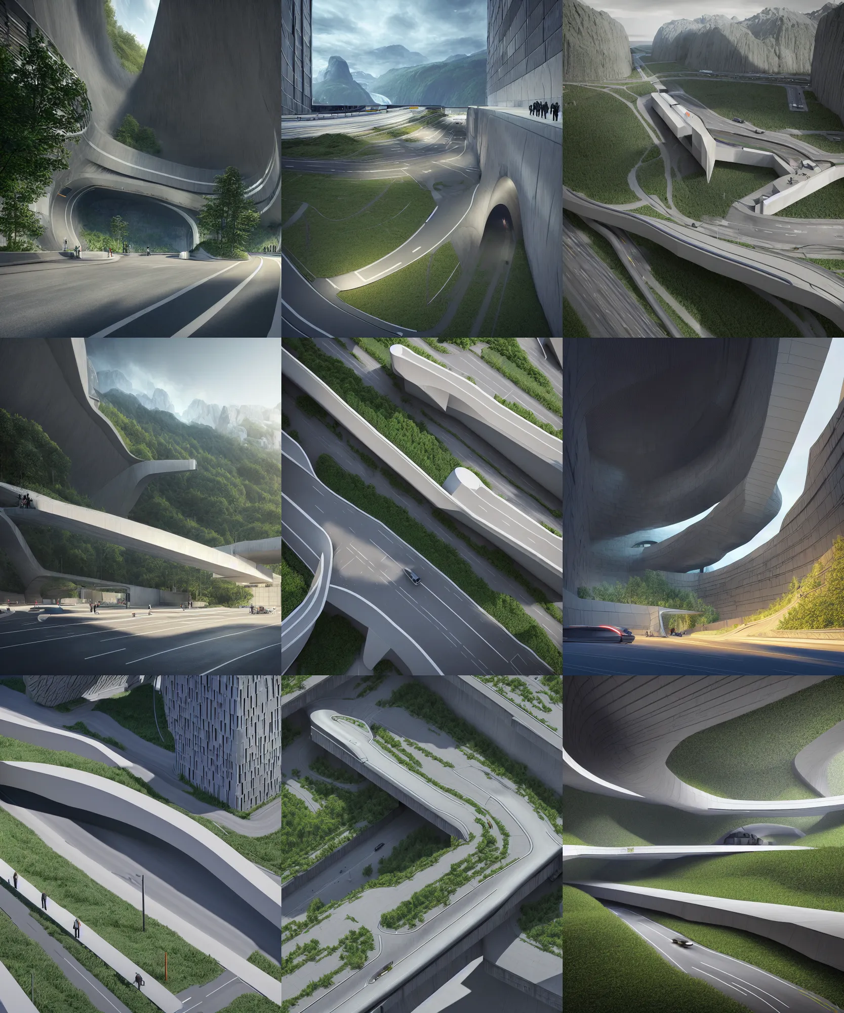 Image similar to ralph mcquarrie and denis villeneuve establishing shot of modern bjarke ingels condo building and gotthard tunnel entrance combined, roads tunnel under bjarke ingels condo building, lush nature environment, scifi artstation digital concept art, unreal engine, hyper realism, realistic shading, cinematic composition, blender render, octane render, wide shot