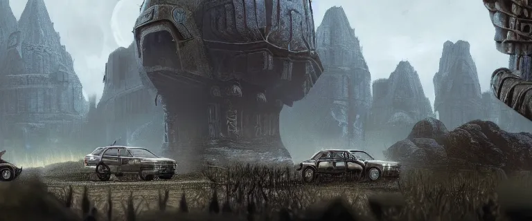 Image similar to Armored Audi 80 B3 Avant (1988) facing off a dark knight, The Elder Scrolls III: Morrowind, an epic fantasy, Morrowind, Vivec City, dramatic lighting, cinematic, establishing shot, extremely high detail, photorealistic, cinematic lighting, artstation, by simon stalenhag