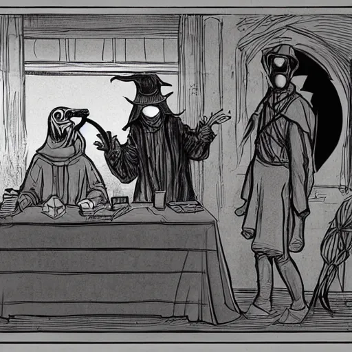 Image similar to leonardo davinci and a plague doctor hosting a podcast, intricate, highly detailed, comic book style, 4 k, concept art, table with microphones