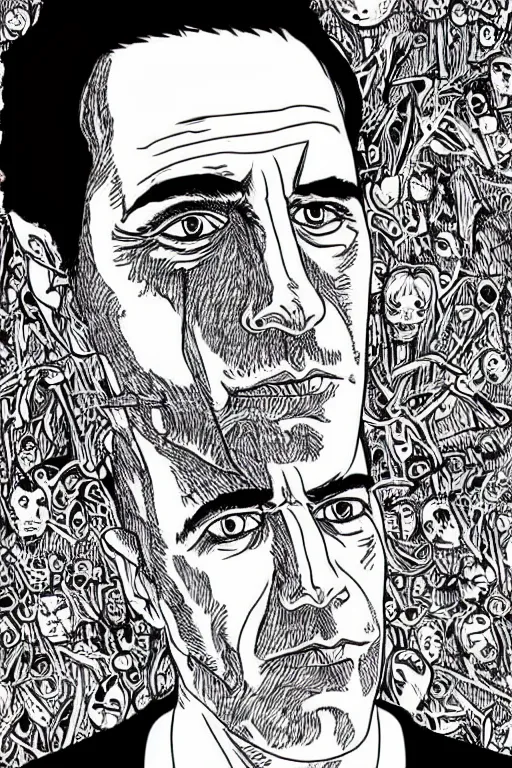 Prompt: Jeffrey Epstein full body portrait, body horror, black and white Illustration by Junji Ito