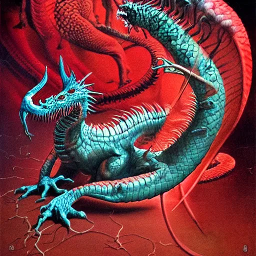 Prompt: a red dragon, fluid, smooth, organic, crazy, bright, colours, tumours, high contrast, sharpness, dramatic, very detailed, intricate, by giger and corben and moebius and beksinski and bosch and bacon