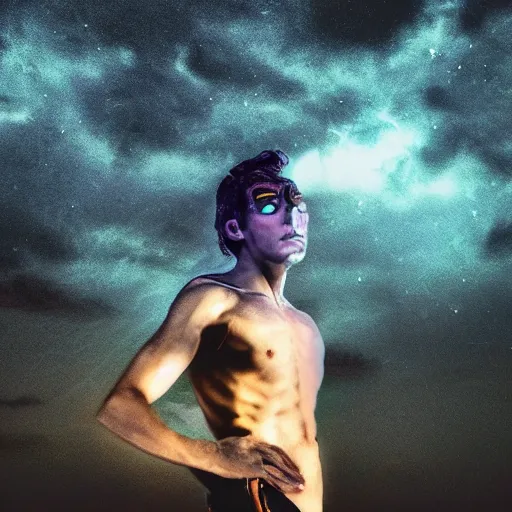 Prompt: A handsome Peruvian god floating with his arms up, his eyes glowing yellow, casually dressed, his whole body glowing blue ominously. Shot from below, photorealistic, ominous and apocalyptic dark sky.