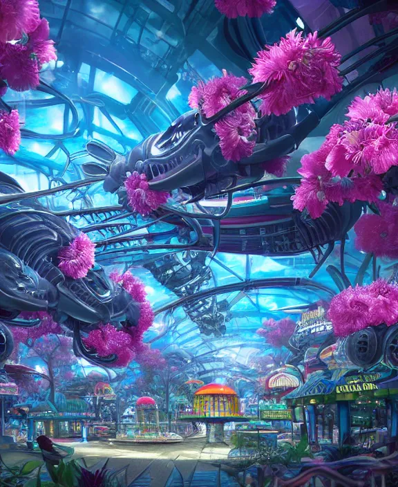 Prompt: a amusement park made out of seamless alien isopods, in the style of an aerodynamic robot, overgrown with puffy orchids, partly cloudy, somber, dramatic lighting, by dan mumford, yusuke murata, makoto shinkai, ross tran, cinematic, unreal engine, cel shaded, featured on artstation, pixiv