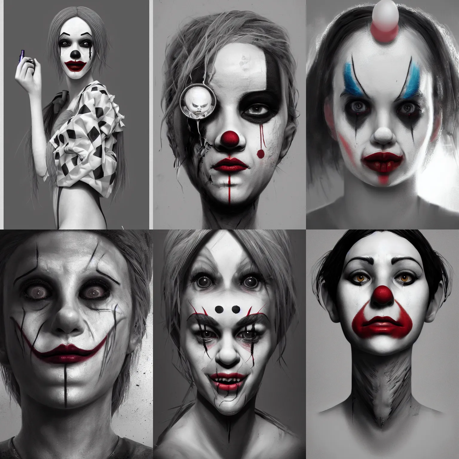 Prompt: portrait clown girl. octane render, trending on artstation, greg rutkowski very coherent symmetrical artwork. cinematic, hyper realism, high detail, octane render, 8k, iridescent accents, black and white