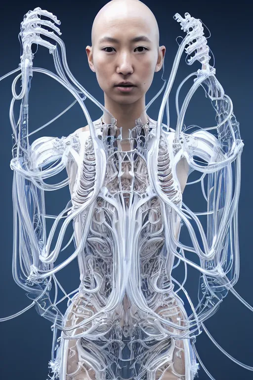 Image similar to beautiful young asian woman, iris van herpen, perfect symmetrical body, full body shot, inflateble shapes, wires, tubes, veins, jellyfish, white biomechanical details, wearing epic bionic cyborg implants, masterpiece, intricate, biopunk, vogue, highly detailed, artstation, concept art, cyberpunk, octane render