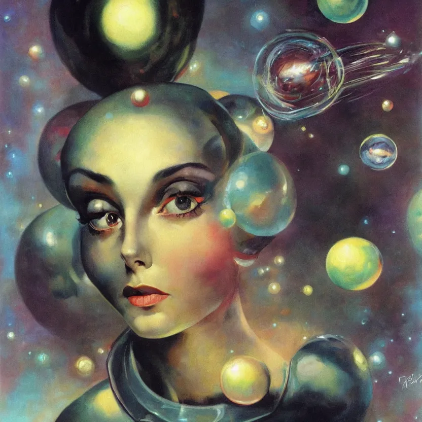 Image similar to close - up portrait painting of an elegantly beautiful alien woman with big eyes, by frank frazetta and norman rockwell. cosmic glowing bubbles. muted colors, soft gradients. dark background. trending on artstation. retrofuturism.