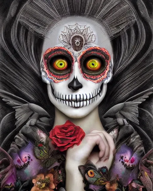 Image similar to dia de los muertos theme surrealist art in the styles of igor morski, jim warren, and a tim burton film, intricate, hyperrealistic, accurate facial details, profile picture with chromakey!!!!! background, volumetric lighting