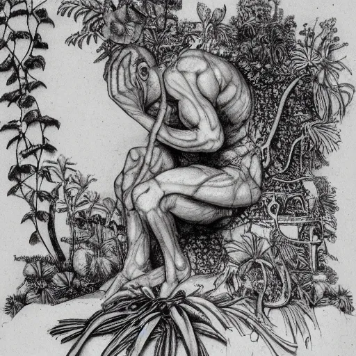 Image similar to botanical sketch of The thinker sculpture with a mechanical/cybernetic head, mushrooms and peyote/san pedro at the base, surrounded by a lush jungle and morning glory flowers, high detail, b&w,