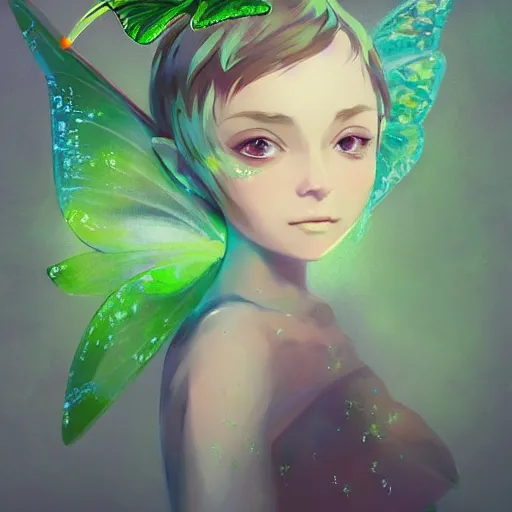 Prompt: pixie fairy character with green butterfly insect wings, elegant, highly detailed, digital painting, artstation, concept art, sharp focus, illustration, strong brush stroke, anime, sharp focus, ghibli studio, art by ilya kuvshinov, rossdraws