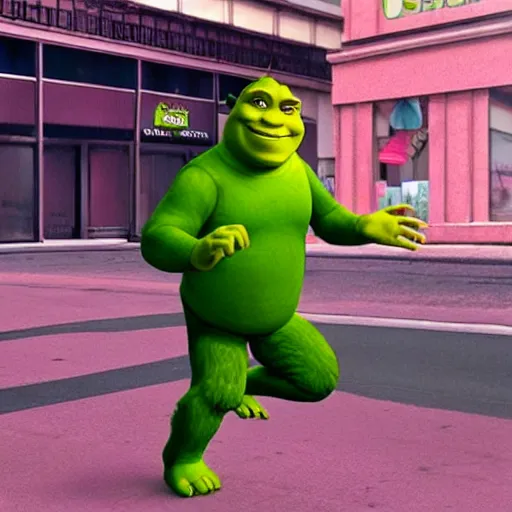 Prompt: Shrek in a Pink Morph Suit walking on the streets of L.A in the mid-2000s, photo taken in the 2000s, photograph, real, realistic, real life, in real life, hyperrealistic, cool, nostalgic, epic, detailed, very detailed, highly detailed, digital art, trending on artstation, in the style of Jamie Hewlett