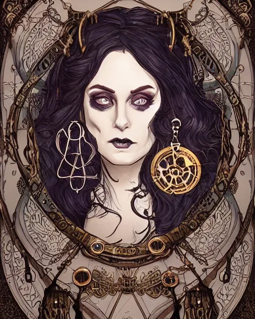 Prompt: a detailed portrait illustration of a steampunk necromancer. attractive transgender intersex face. monocle, large earrings, light facial hair. goth aesthetic. art nouveau, pop art, comic book style. influenced by neil gaiman, frank herbert, dan mumford, brian froud, vadim voitekhovitch, killian eng, ross tran.