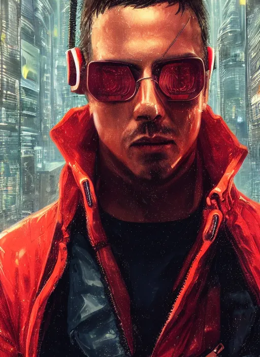 Image similar to cyberpunk character wearing jumpsuit and red jacket and cyberpunk headset. ( blade runner 2 0 4 9, dystopian, cyberpunk 2 0 7 7 character design ). attractive face. portrait by james gurney and laurie greasley, oil on canvas. cinematic, hyper realism, realistic proportions, anatomy, dramatic lighting, high detail 4 k