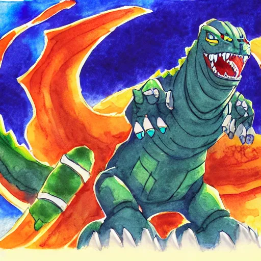 Image similar to voltron fighting Godzilla, watercolor painting