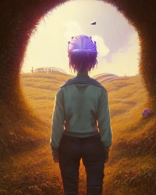 Image similar to highly detailed surreal vfx portrait of a futuristic mage in a rural farm with planets in background, stephen bliss, unreal engine, greg rutkowski, loish, rhads, beeple, makoto shinkai and lois van baarle, ilya kuvshinov, rossdraws, tom bagshaw, alphonse mucha, global illumination, detailed and intricate environment