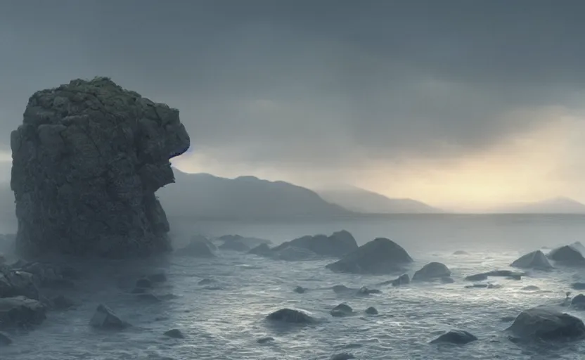 Prompt: no fear, no hesitation, no surprise, no doubt, directed by charlie kaufman ( 2 0 0 1 ) anamorphic lenses, a rocky shore in the foreground, foggy volumetric light morning, a beam of light from the heavens, cinematic trending on artstation in the style of greg rutkowski