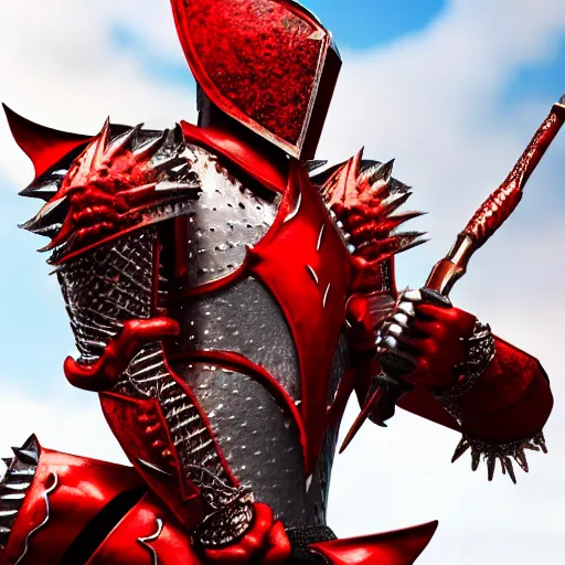 Image similar to a knight wearing full red armor, in the style of a dragon, spikes, wielding a whip, ultra realism, high detail, bokeh