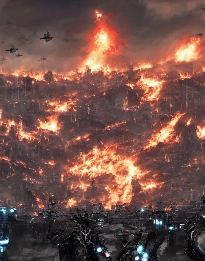 Image similar to giant robotic aliens attacking city, people watch from oil rig platform they have fled the city and watch as it burns, helicopters and fighter jets flying by shooting at the giant robotic aliens, clone army destroying humans in the city, humans vs the robots, in the style of terminator salvation