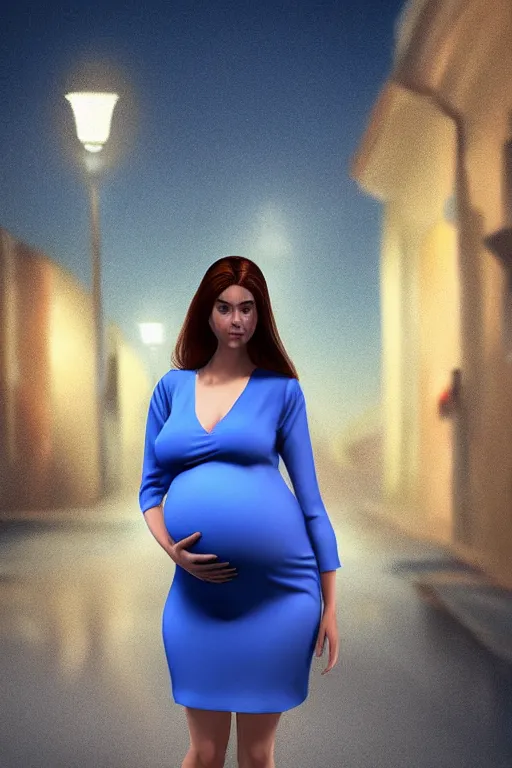 Prompt: pregnant woman in a short blue dress in night under street light, highly detailed, sharp focused, ultra realistic digital concept art by Nikolai Shurygin