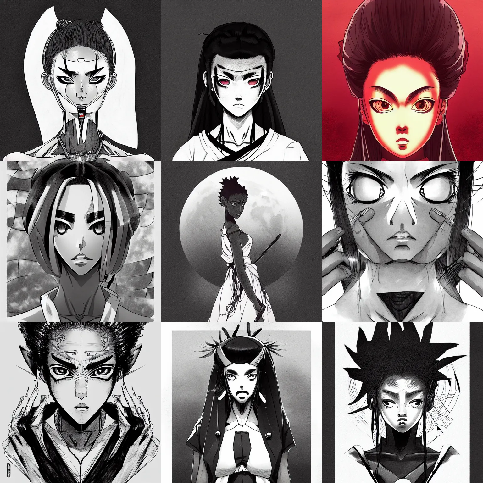 Prompt: symmetrical! female instagram model in afro samurai anime style, dynamic wide angle lens, manga style, greg rutkowski, pencil and ink, full moon lighting