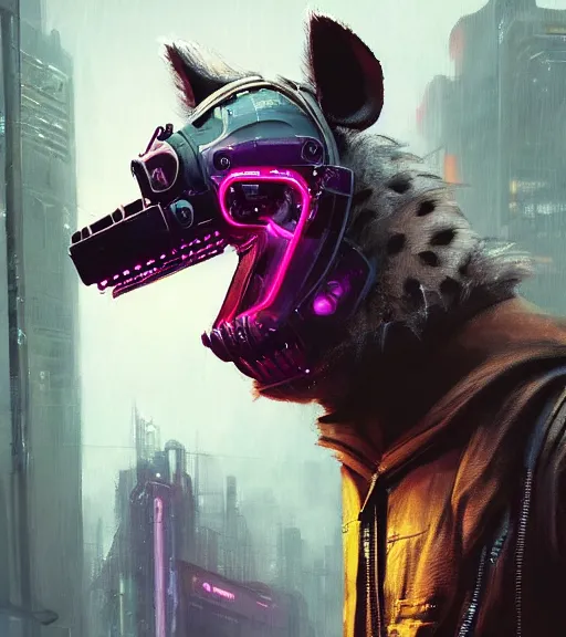 Image similar to new york city portrait icon of furry anthro anthropomorphic spotted hyena head animal person fursona wearing clothes strange cybernetic cyborg muzzle gloomy rainy screenshot from the video game cyberpunk 2077 digital art by Greg Rutkowski, Simon Stalenhag, christopher nolan trending on Artstation, CGSociety