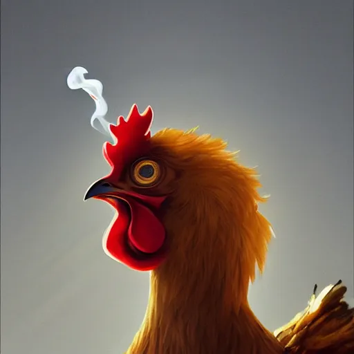 Image similar to a chicken wearing a suit smoking a cigar, dramatic lighting, cinematic, establishing shot, extremly high detail, photorealistic, cinematic lighting, artstation, style by James Gurney