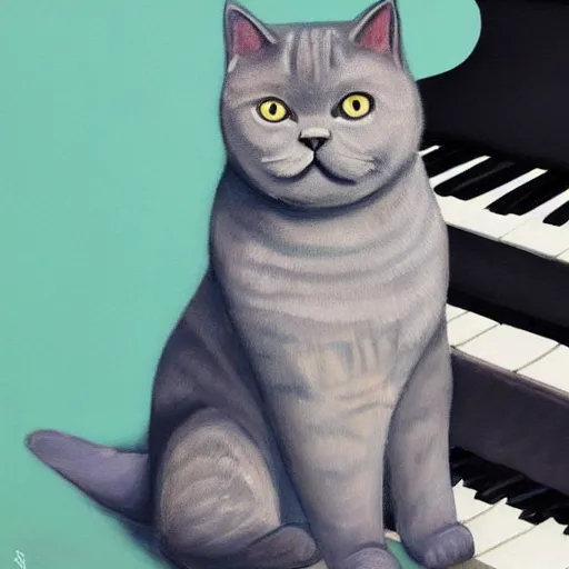 Image similar to portrait of a grey british shorthair cat sitting on piano keys with musical notes in the background detailed colorful luminescent oil painting in the style of claudia sanchez 4 k