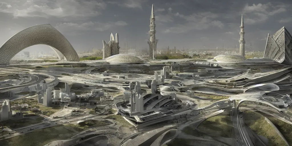Image similar to Zaha Hadid city with Citadel of Dreamsand mosque and arch in baghdad in a Fantasy world and photo inspired by Where weird things happen by Daniele Gay on art station , le corbusier model on the ground inspired by Mining by Risa lin on art station