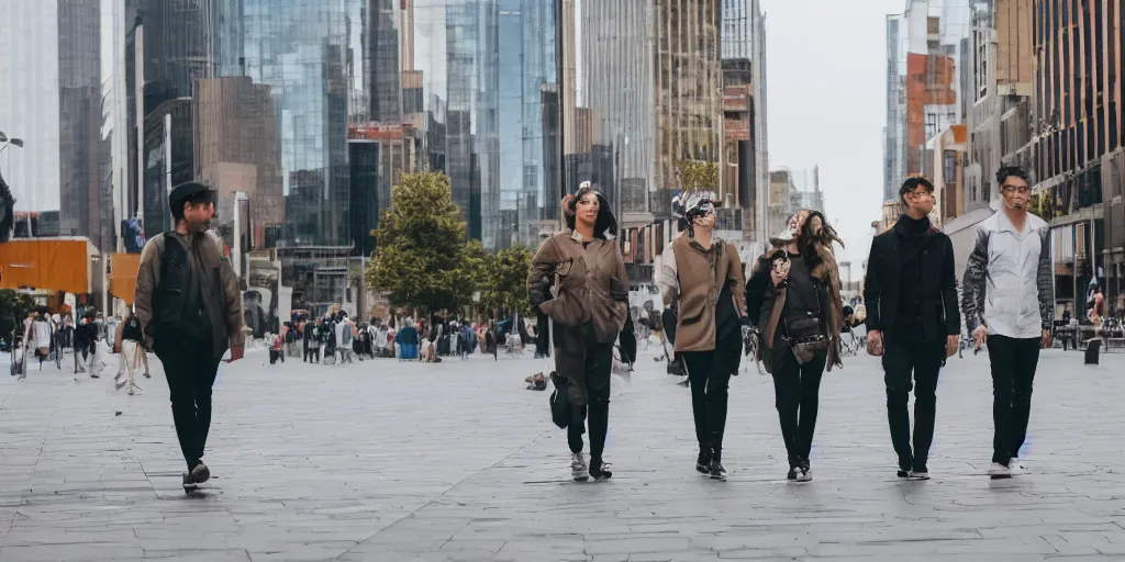 Image similar to three people are walking in the city, wide - shot, professional color photograph