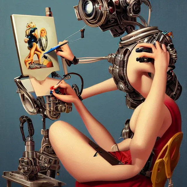 Image similar to robot artist painting a self - portrait on a canvas. intricate, highly detailed, digital matte painting in the style of gil elvgren and in the style of h. r. giger and in the style of sachin teng. irony, recursion, inspiration.