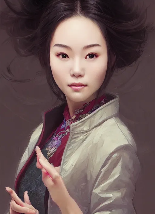 Image similar to beautiful grocery chinese woman in coat ， winer ， wenjun lin intricate, elegant, highly detailed, digital painting, artstation, concept art, matte, sharp focus, illustration, hearthstone, art by artgerm and greg rutkowski and alphonse mucha