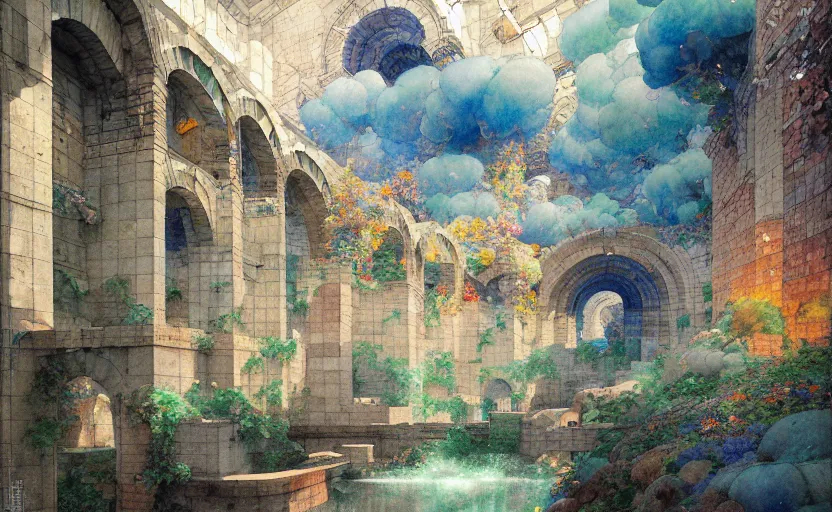 Image similar to tiled room squared waterway, aqueducts, fantasy. intricate, amazing composition, colorful watercolor, by ruan jia, by maxfield parrish, by marc simonetti, by hikari shimoda, by robert hubert, by zhang kechun, illustration, gloomy