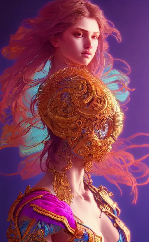 Image similar to hyper detailed ultra sharp of a beautiful warrior girl. trending on artstation, vaporwave aesthetic, synthwave, colorful, psychedelic, ornate, intricate, digital painting, concept art, smooth, sharp focus, illustration, art by artgerm and greg rutkowski and alphonse mucha, 8 k