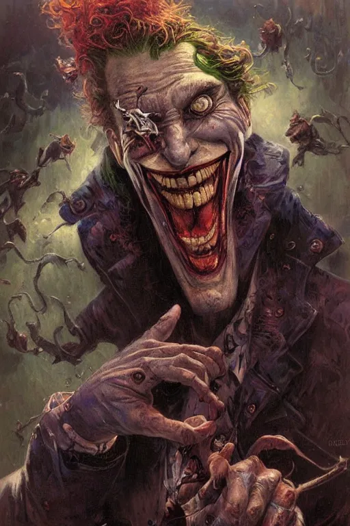 Image similar to the joker. art by gaston bussiere and tomacz alen kopera.