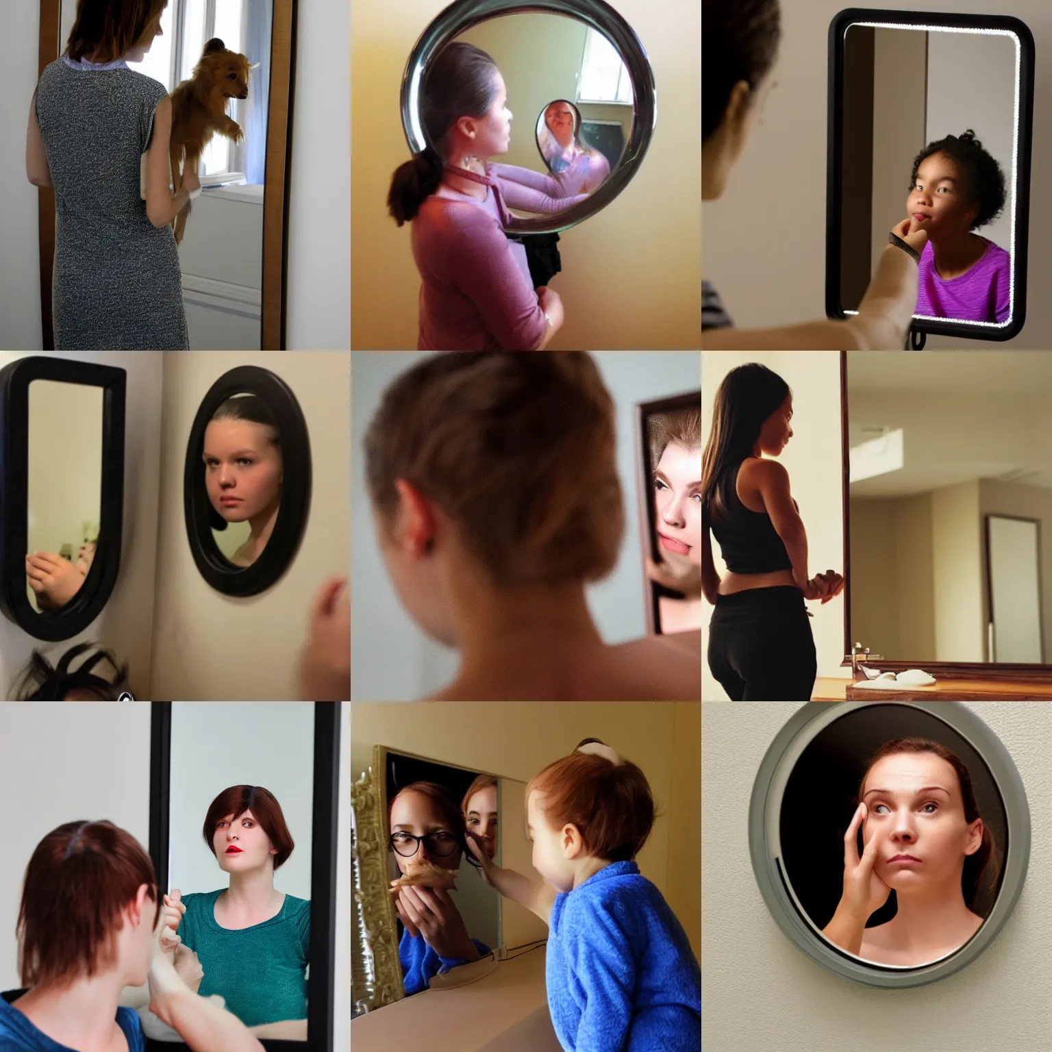 Prompt: she sees her reflection in the mirror, she knows it is good