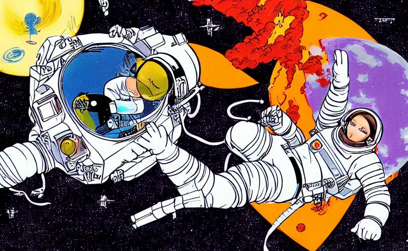 Prompt: a female astronaut floating in a scenic space environment repairing the spacecraft in the style of yoko tsuno