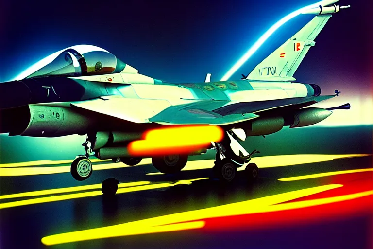 Prompt: stylized poster of an f - 1 6 fighter, thick neon lights, ektachrome photograph, volumetric lighting, f 8 aperture, cinematic eastman 5 3 8 4 film