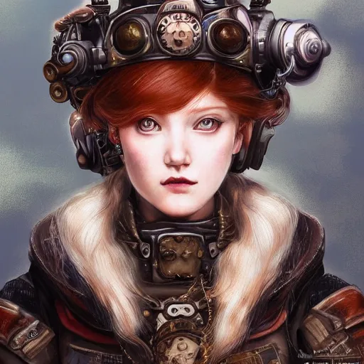 Image similar to portrait of a girl by ayami kojima, scottish, she is about 2 0 years old, wavy redhead, annoying little sister vibes, she is wearing a steampunk tactical gear, highly detailed portrait, digital painting, artstation, concept art, smooth, sharp foccus ilustration, artstation hq