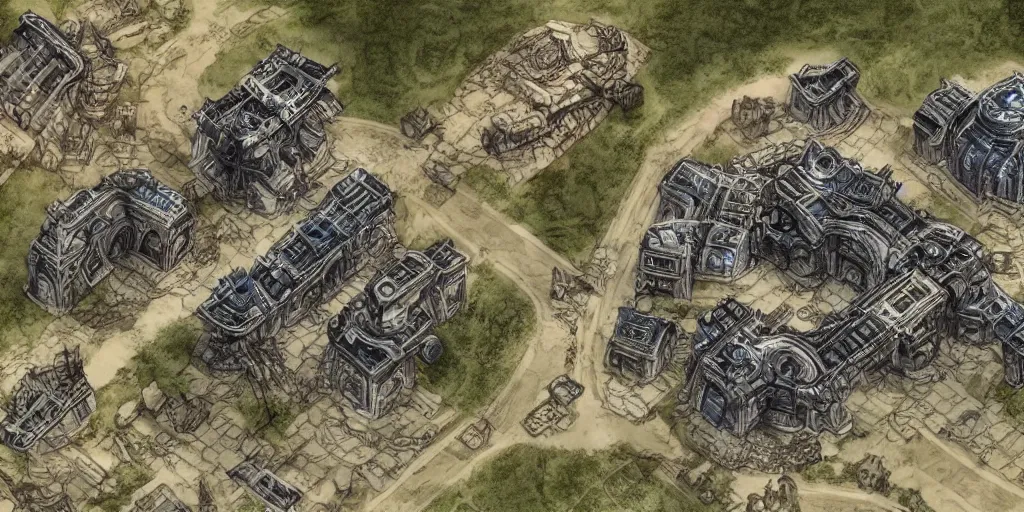 Image similar to top down gears of war map, symmetrical outpost, hand drawn, architectural design blueprints