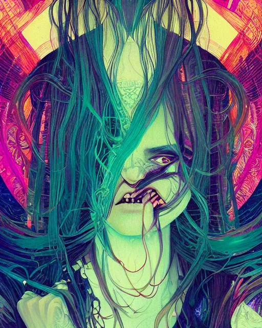 Image similar to glitch art close up portrait vampire, flowing hair, glitches, vaporwave, highly detailed, very intricate, graphical errors, art deco, neon glitch, chromatic aberration, harsh lighting, award - winning, unreal engine 5, illustration by mandy jurgens and alphonse mucha and alena aenami, glitch color palette, featured on artstation