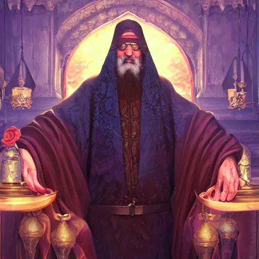 Image similar to portrait of an elderly orthodox patriarch with dark hair, fantasy style clothing, castle interior background, rich vivid colors, ambient lighting, dynamic lighting, 4k, official media, anime key visual, makoto shinkai, ilya kuvshinov, lois van baarle, rossdraws, detailed, trending on artstation