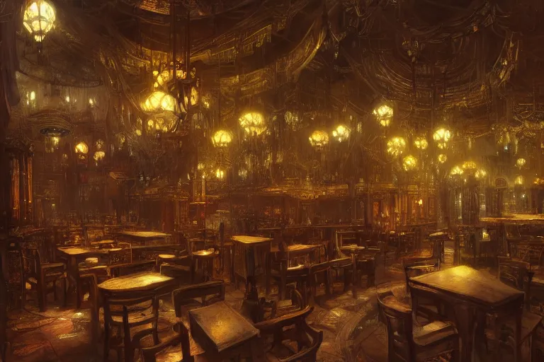 Image similar to busy fantasy tavern interior, intricate, elegant, highly detailed, john howe, john park, sparth, ruan jia, jeffrey catherine jones